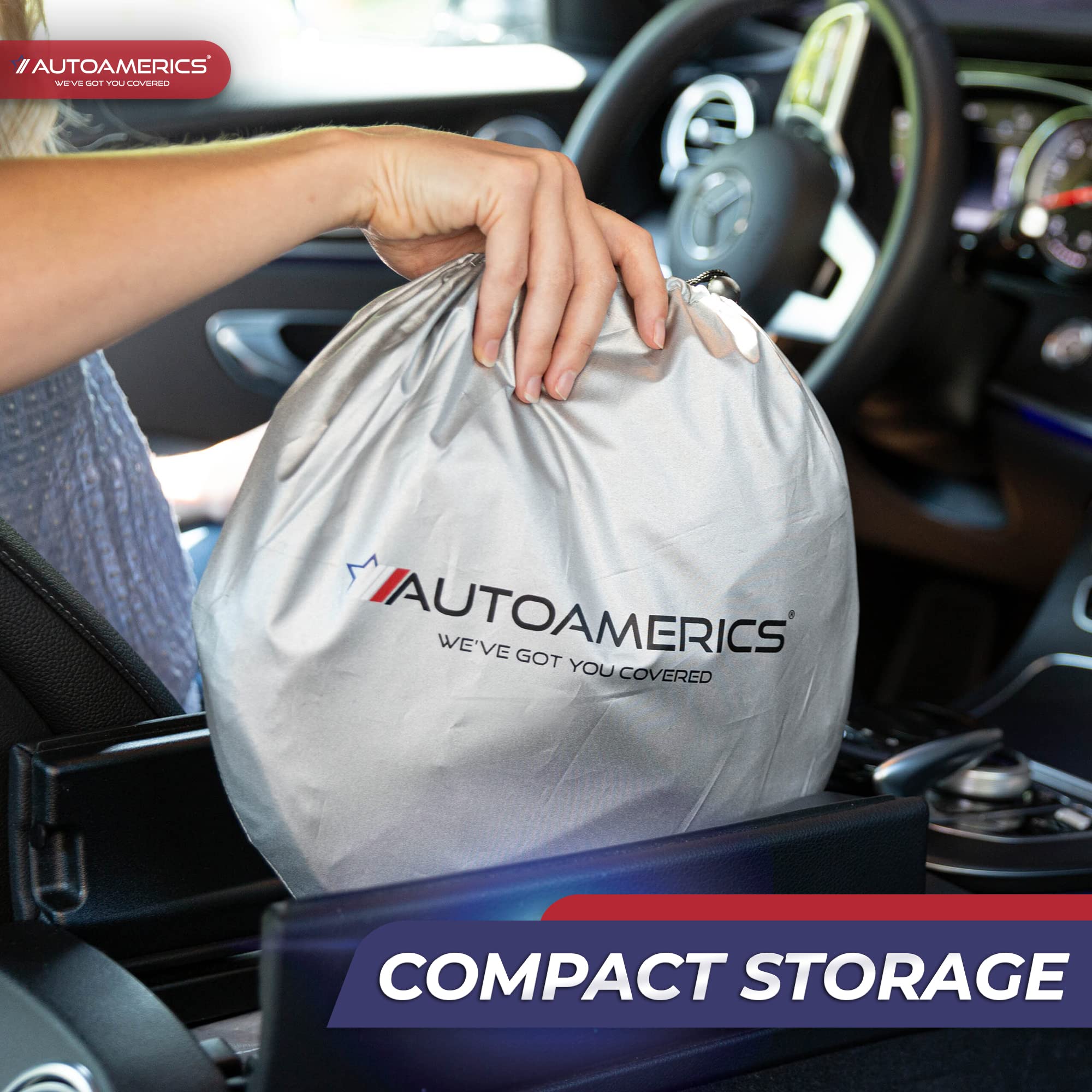 Autoamerics lifestyle image in parked car showing patriotic style and sun protection