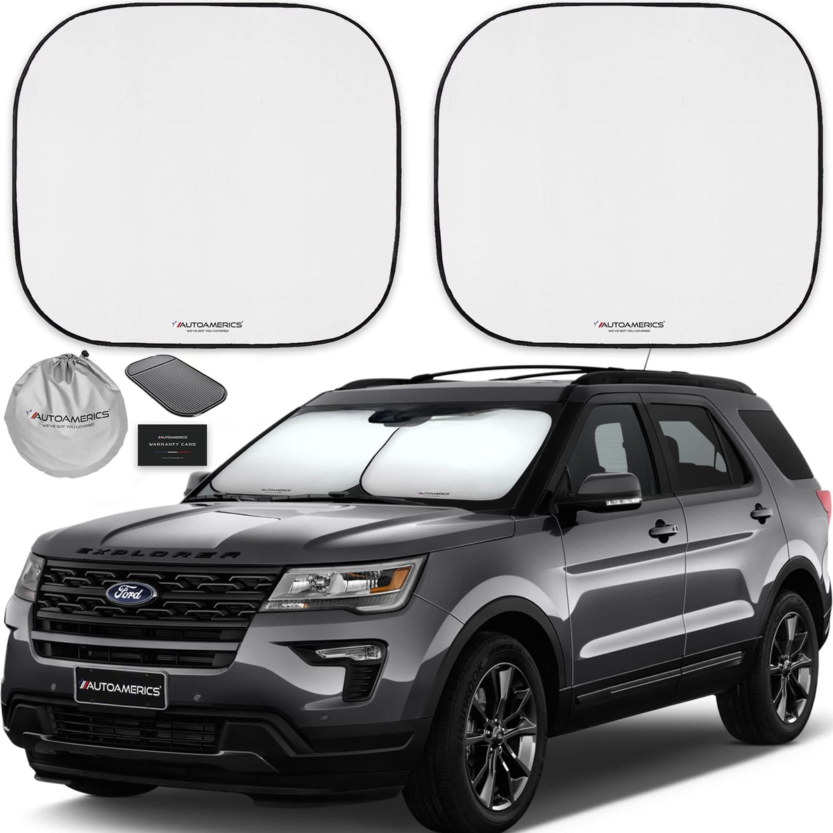 Autoamerics front view of packaging showing two-panel sunshade and travel bag for easy storage