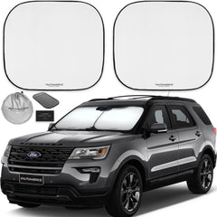 Autoamerics front view of packaging showing two-panel sunshade and travel bag for easy storage