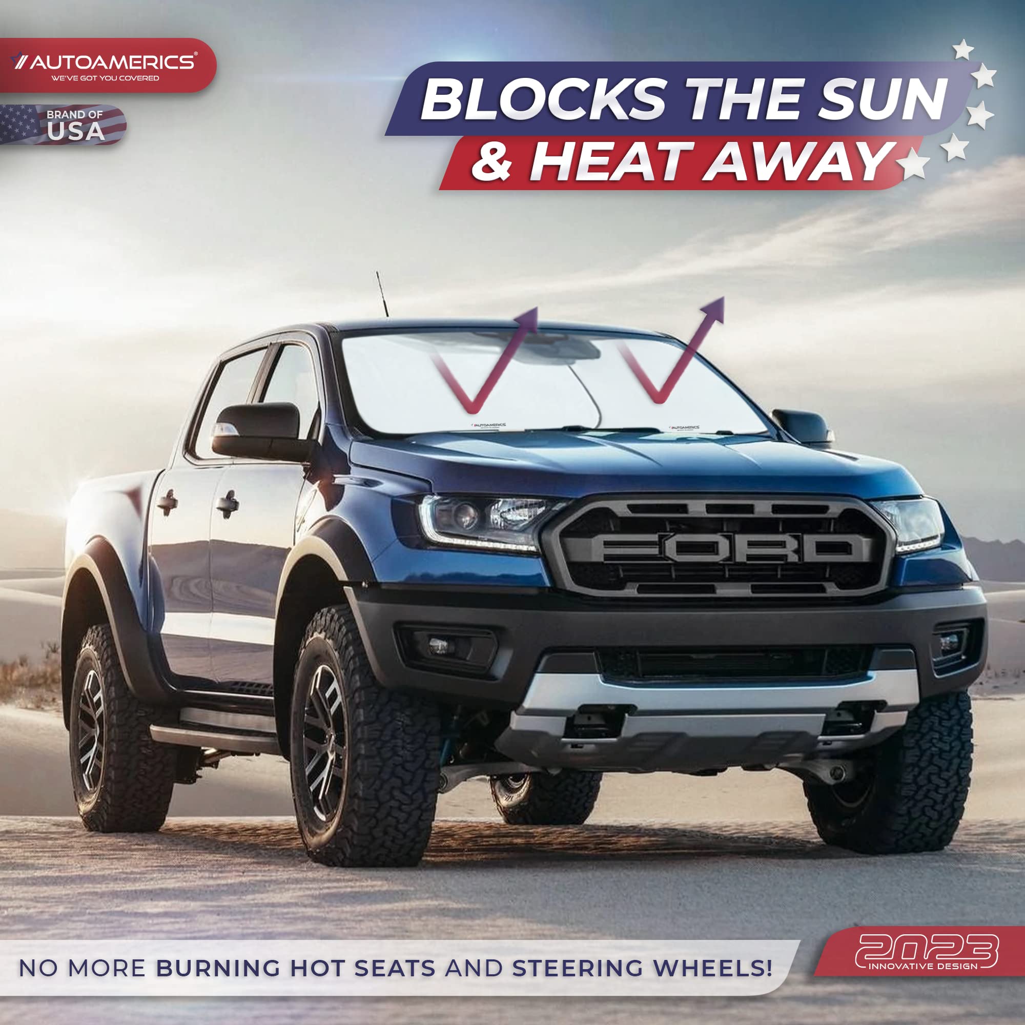Autoamerics two-piece sunshade installed horizontally reducing cabin heat visible through windshield