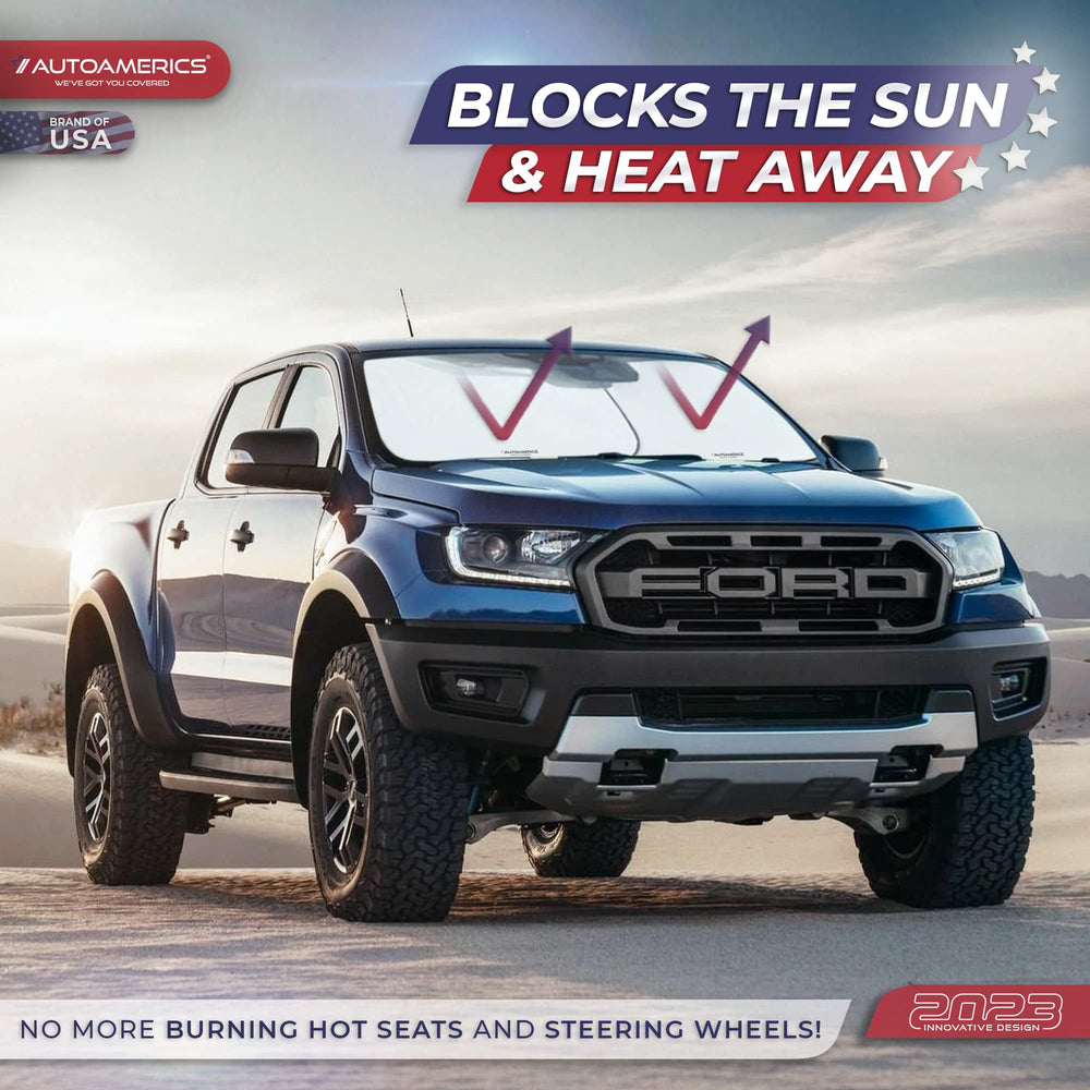 Autoamerics two-piece sunshade installed horizontally reducing cabin heat visible through windshield