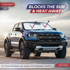 Autoamerics two-piece sunshade installed horizontally reducing cabin heat visible through windshield