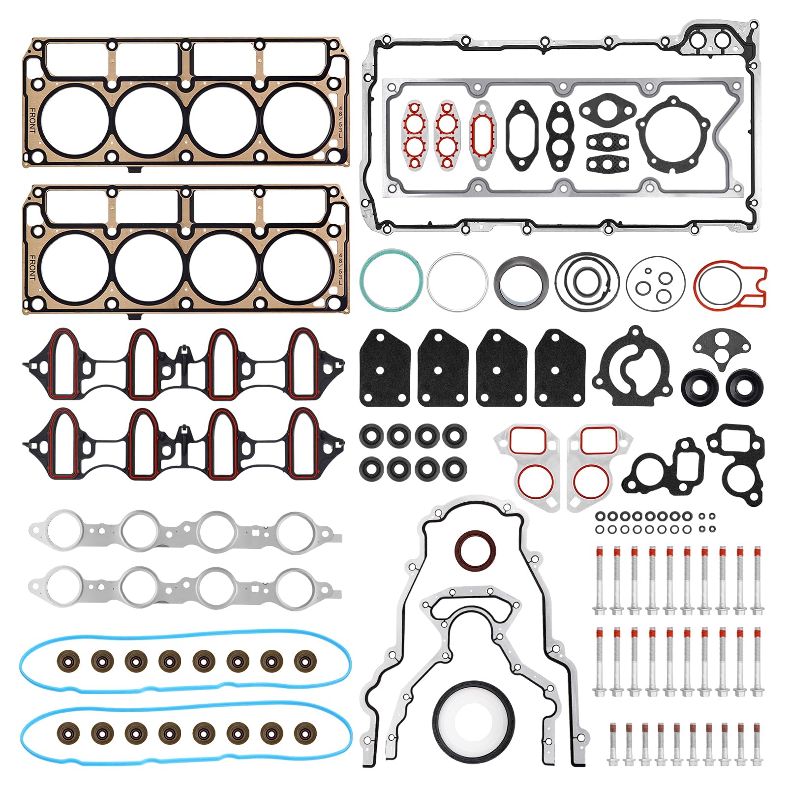 AUTOBABA gasket kit front packaging showing full contents for 5.3L engines, simplifies parts sourcing