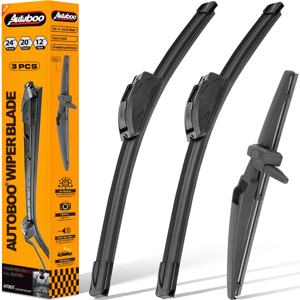 AUTOBOO front packaging showing full 24/20/12 inch wiper kit and easy install benefit