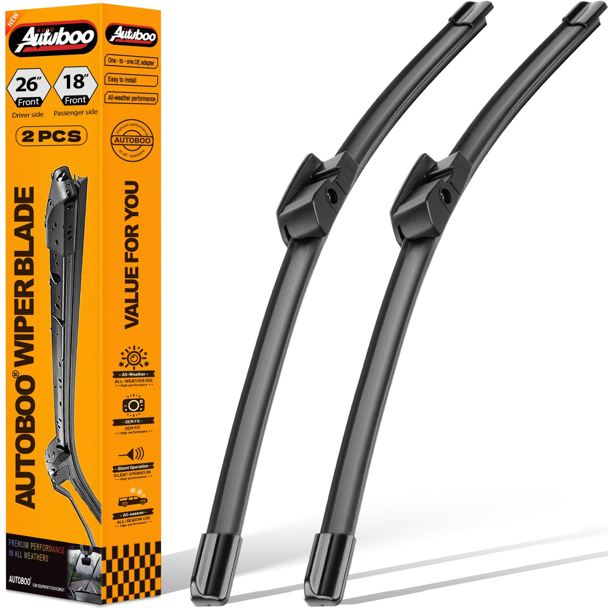 AUTOBOO front packaging showing OEM fit and included 26 and 18 inch blades