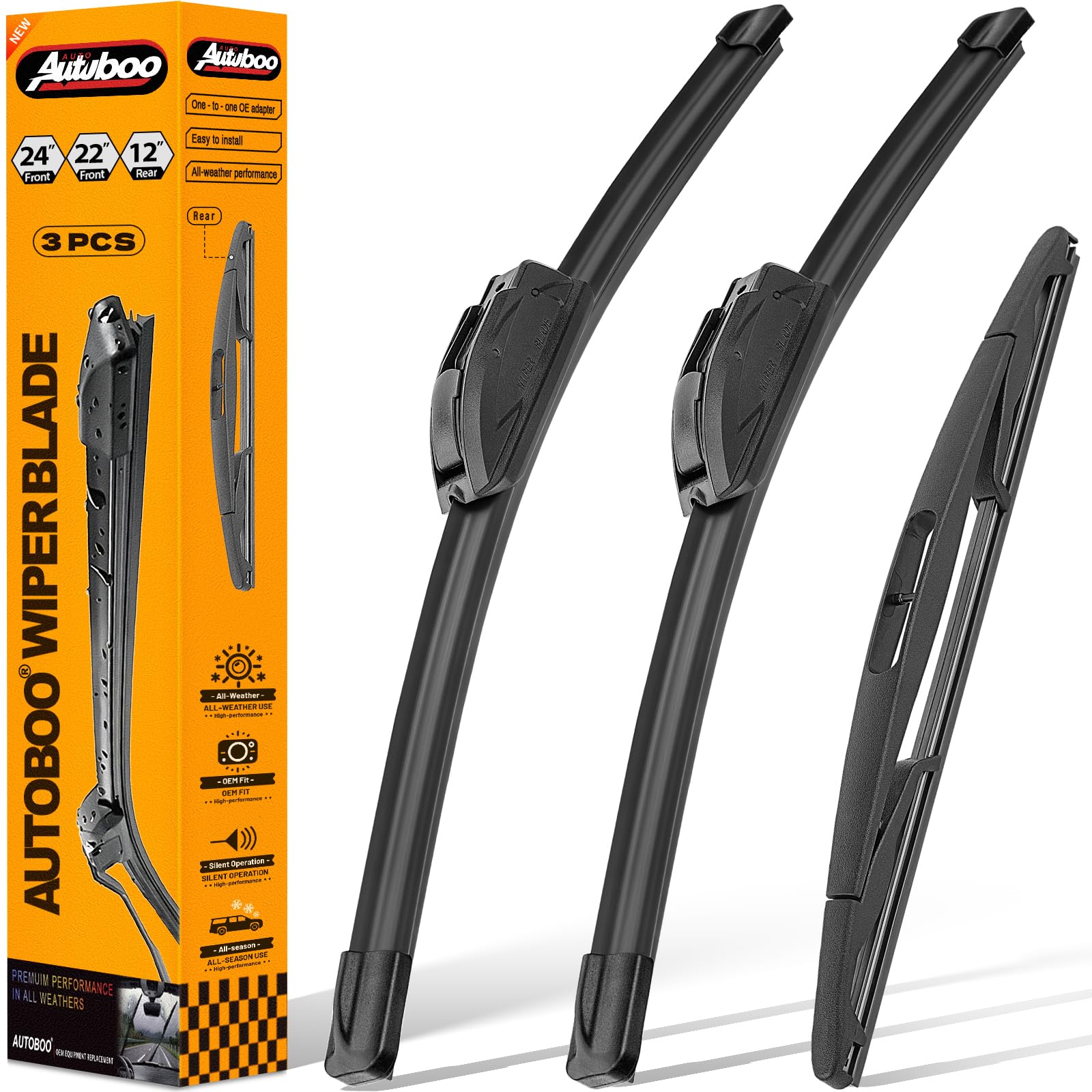 AUTOBOO front packaging showing complete 3-piece wiper kit and quick fit benefit