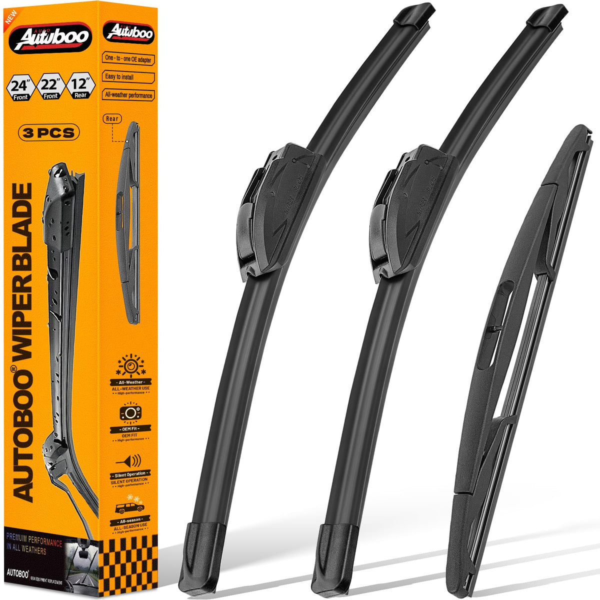 AUTOBOO front packaging showing complete 3-piece wiper kit and quick fit benefit