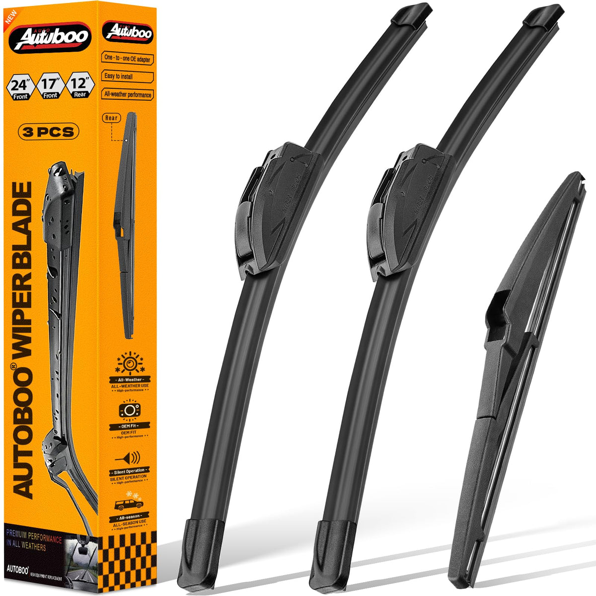 AUTOBOO front packaging showing complete 3-blade kit and fit benefits