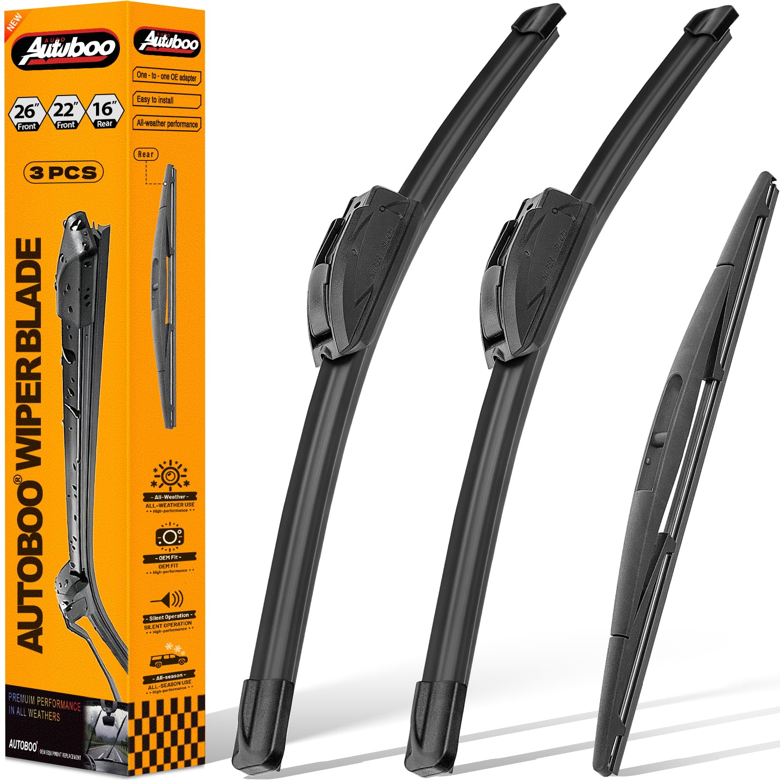 AUTOBOO front packaging showing complete three-blade kit and fitment benefit