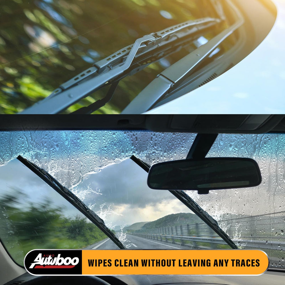 AUTOBOO blade clearing rain from windshield illustrating dependable wet-weather performance