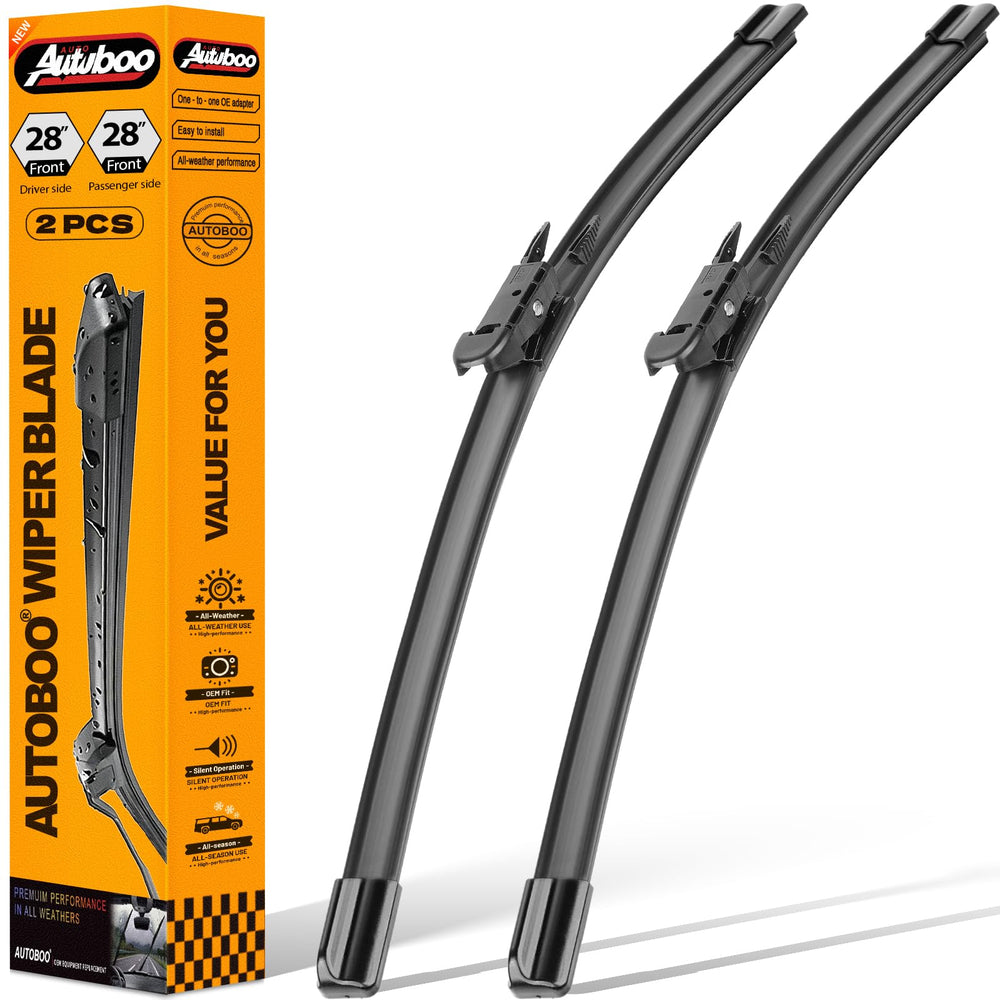 AUTOBOO front packaging showing two 28 inch replacement wiper blades for Ford, clear fit guidance