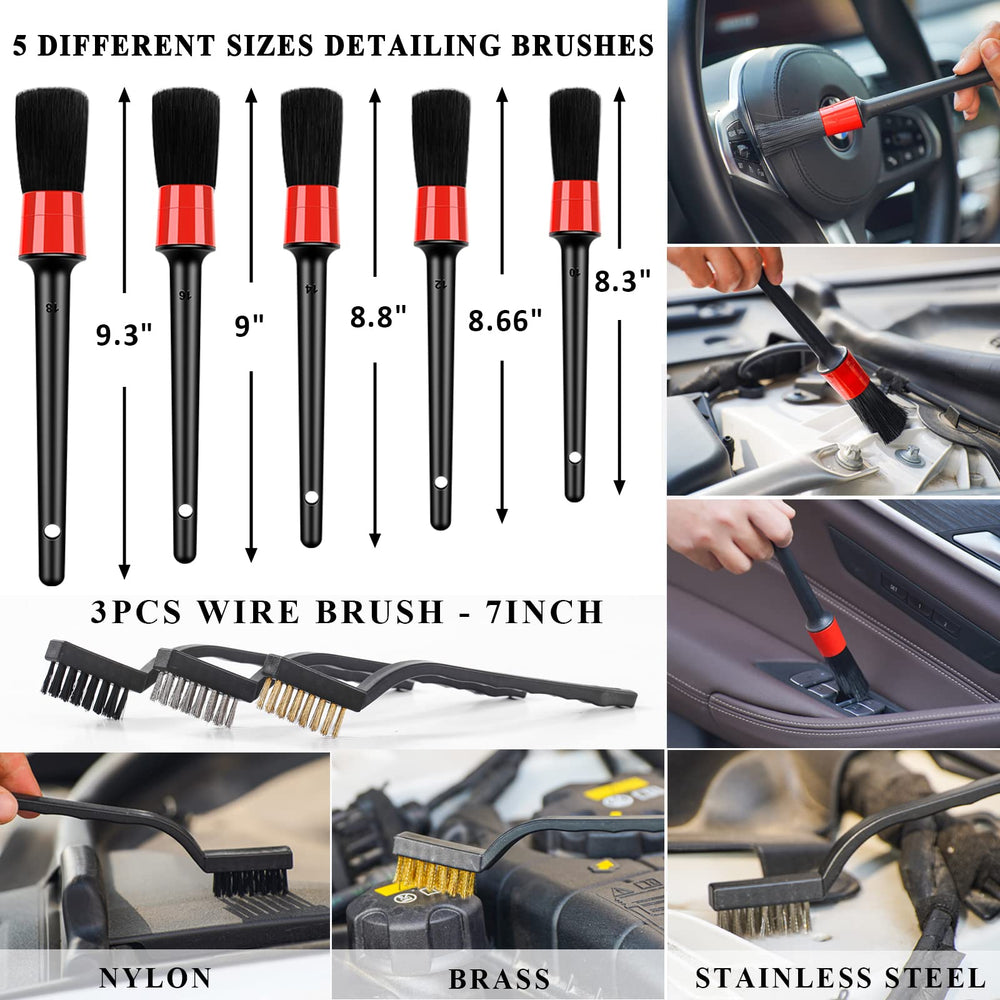 AUTODECO assortment of detailing and wire brushes reaching vents and seams