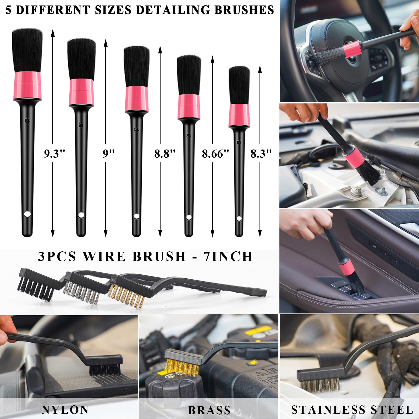 AUTODECO detailing brushes laid out showing variety for vents, seams and trims