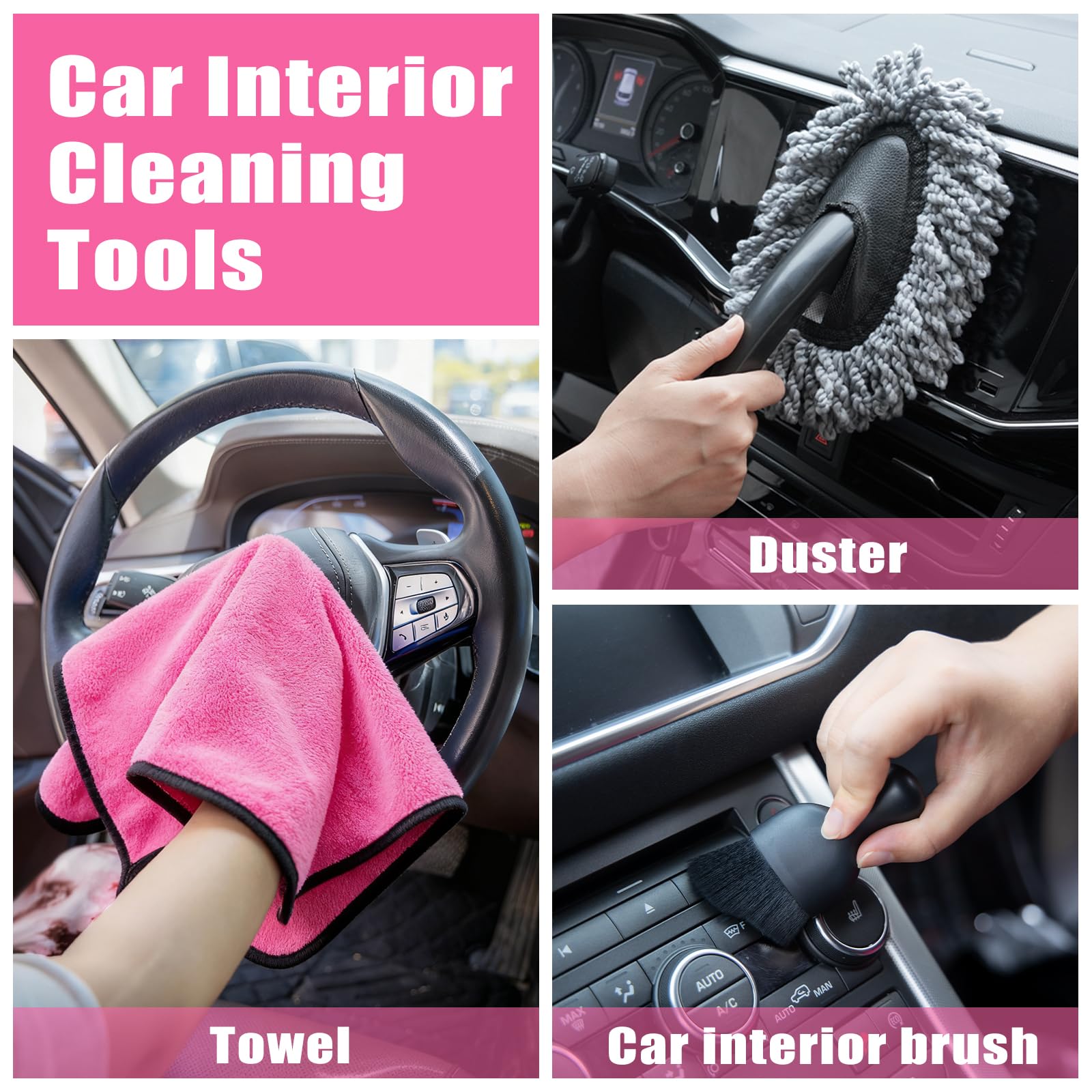 AUTODECO duster and interior brush showing soft fibers for delicate dashboard cleaning