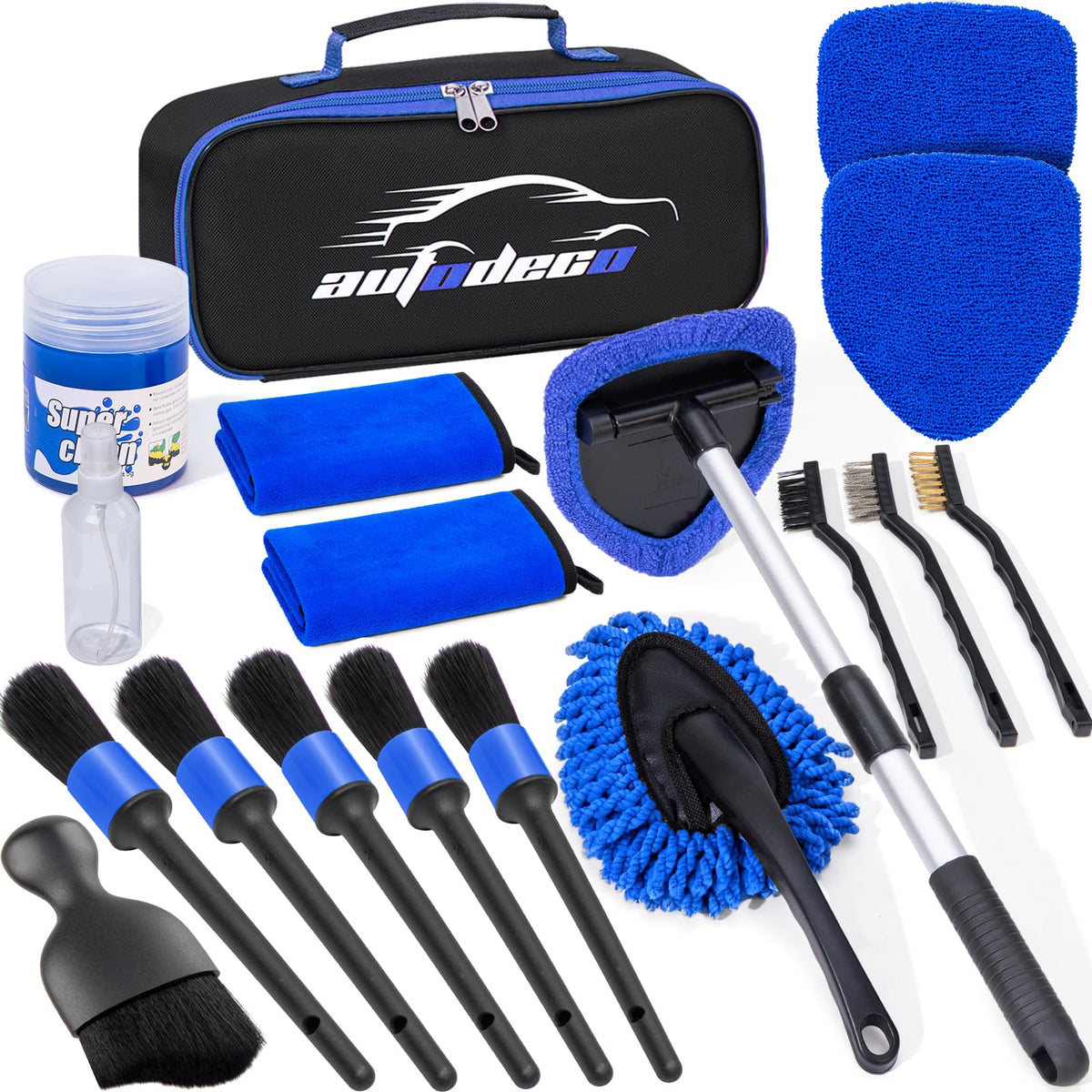 AUTODECO kit laid out showing all 17 pieces for organized cleaning