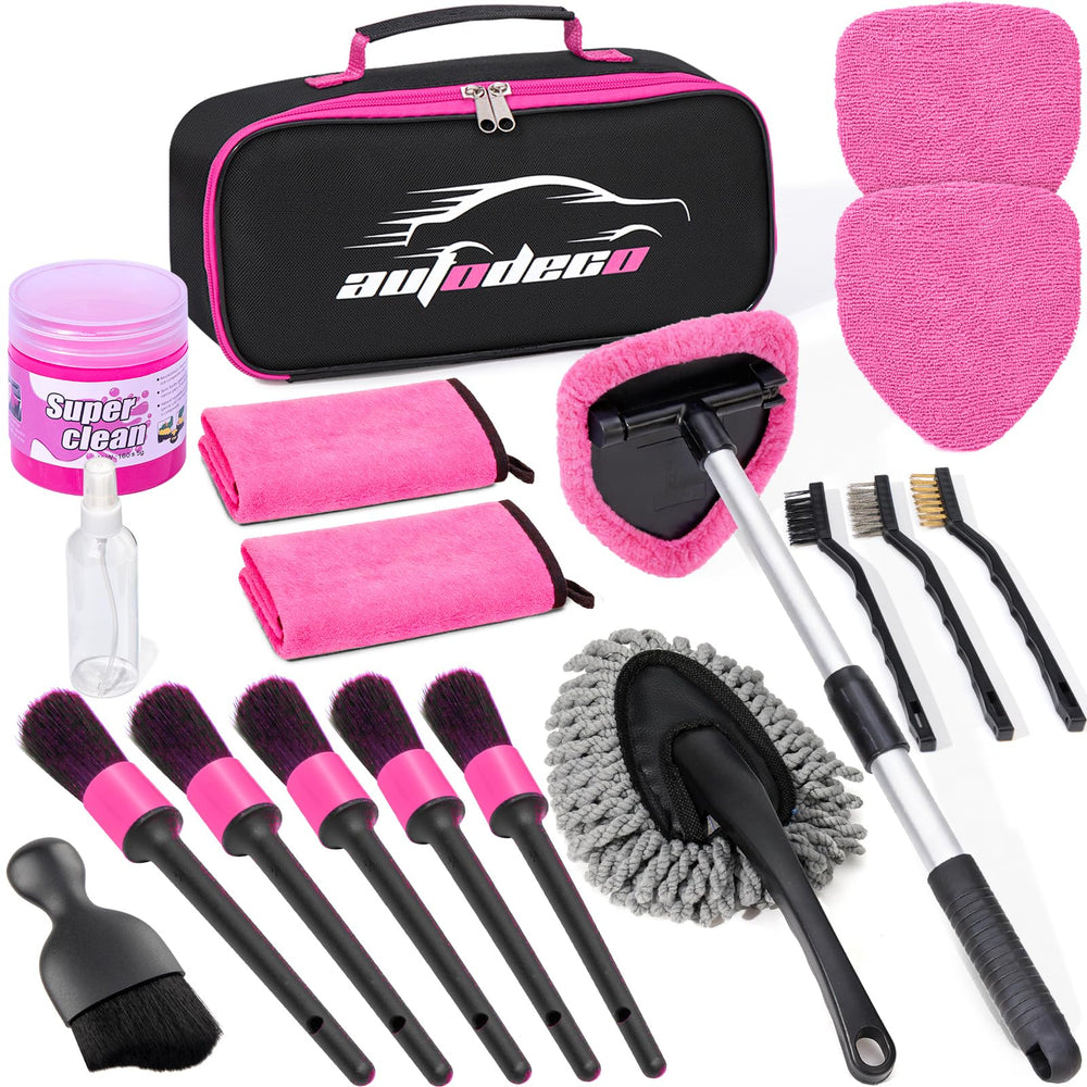 AUTODECO front packaging and full kit layout showing all 17 pieces for organized cleaning