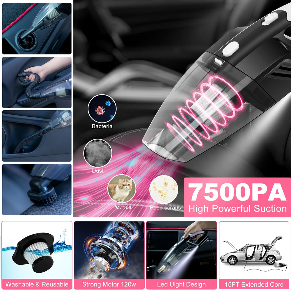 AUTODECO handheld vacuum closeup showing nozzle and strong suction for hair removal