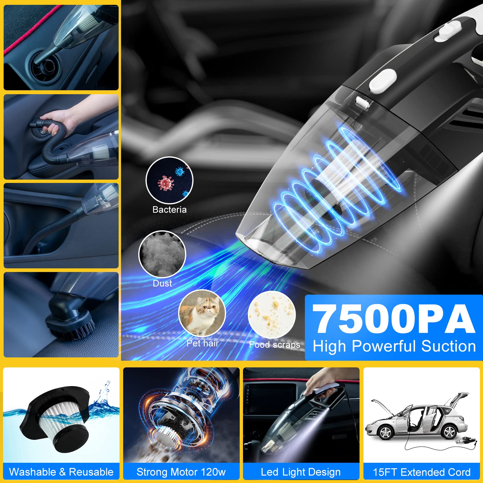 AUTODECO handheld vacuum close-up showing powerful suction and attachments