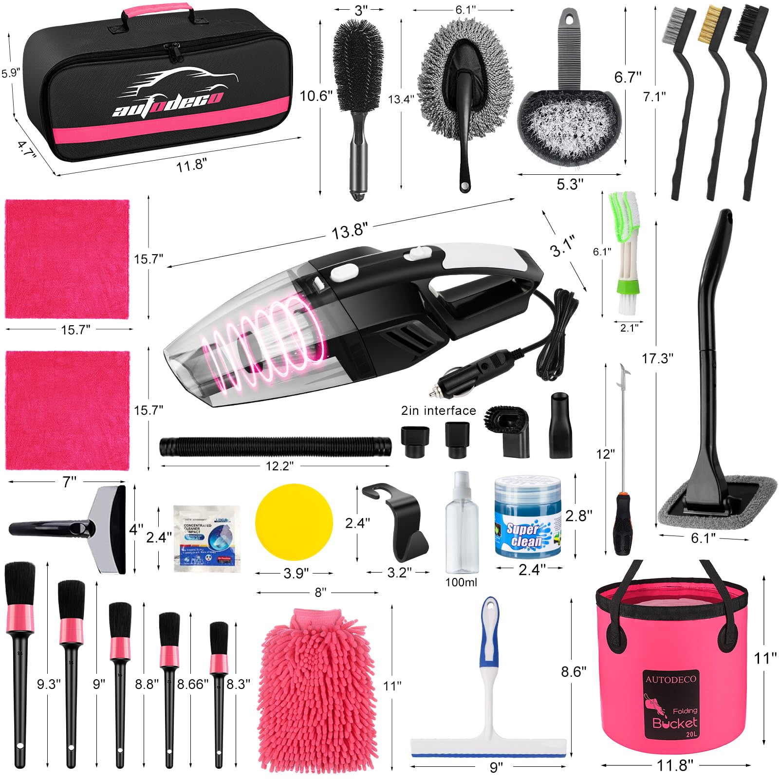 AUTODECO tools in use inside car showing vacuum and brushes removing debris
