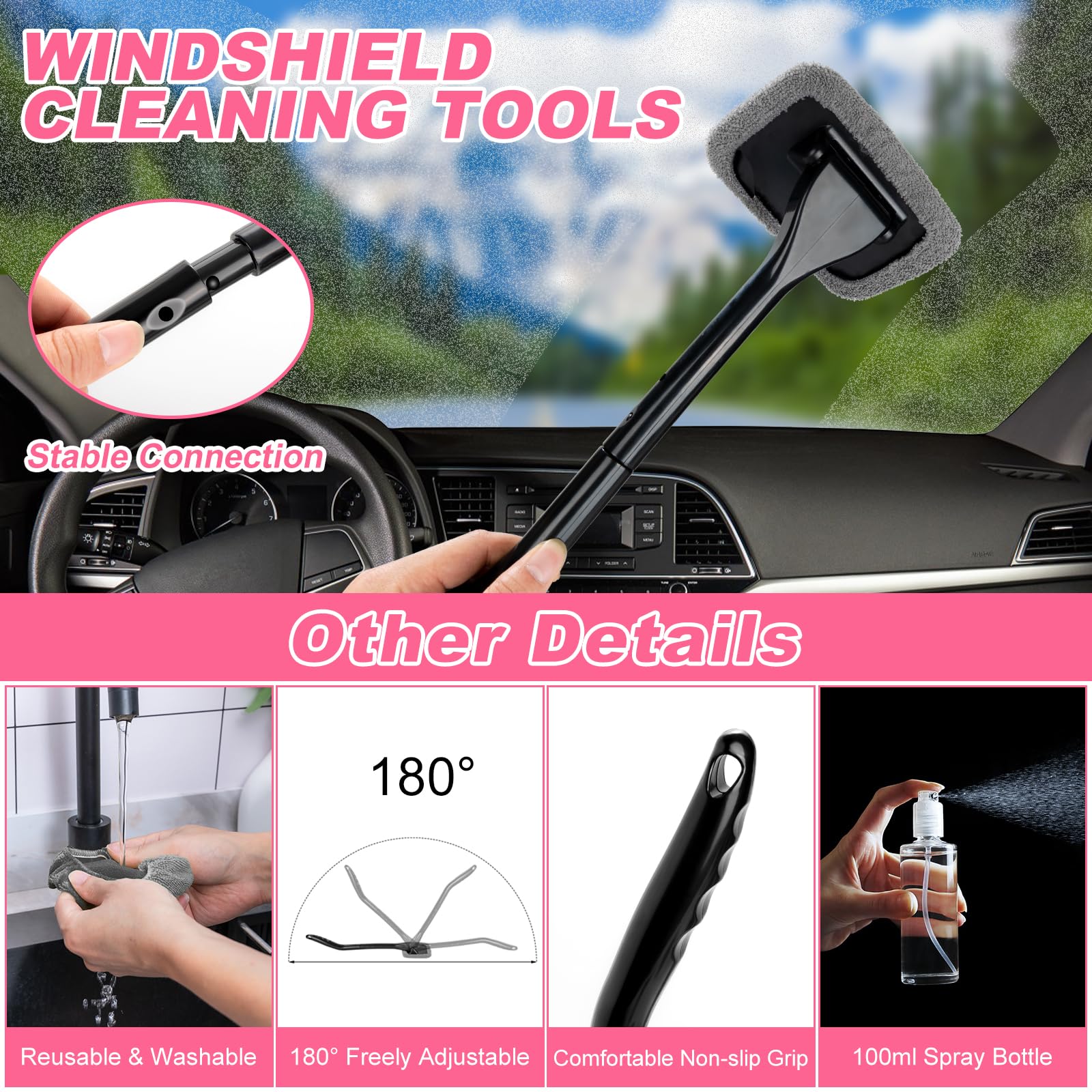 AUTODECO windscreen washer angled to show 180° swivel head for high-edge cleaning