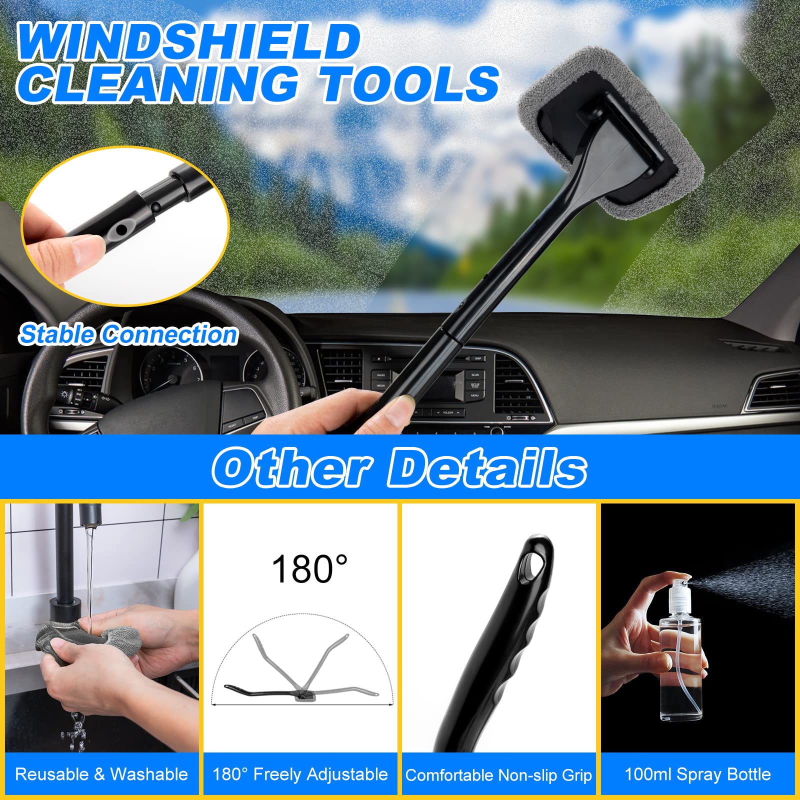 AUTODECO windshield tool with 180-degree swivel reaching high glass edges