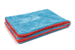 Autofiber towel front view showing blue and red panels and plush texture benefits quick drying