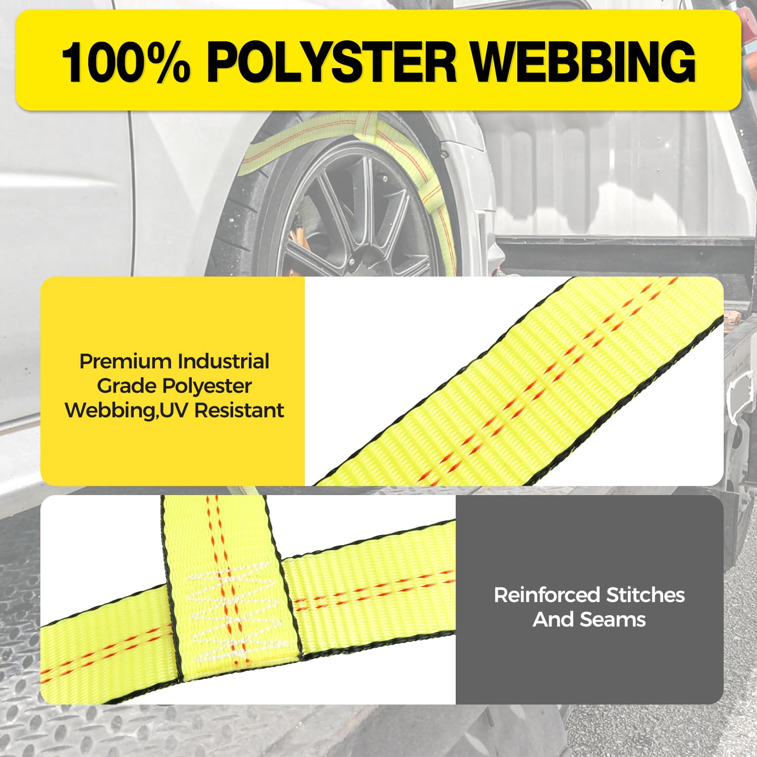 Autofonder straps in use on a tow dolly securing a 15-inch tire for improved transport stability