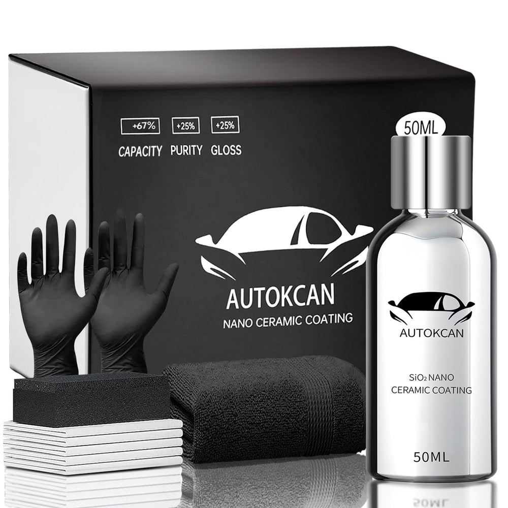 Autokcan bottle front view showing label and included gloves for safe application