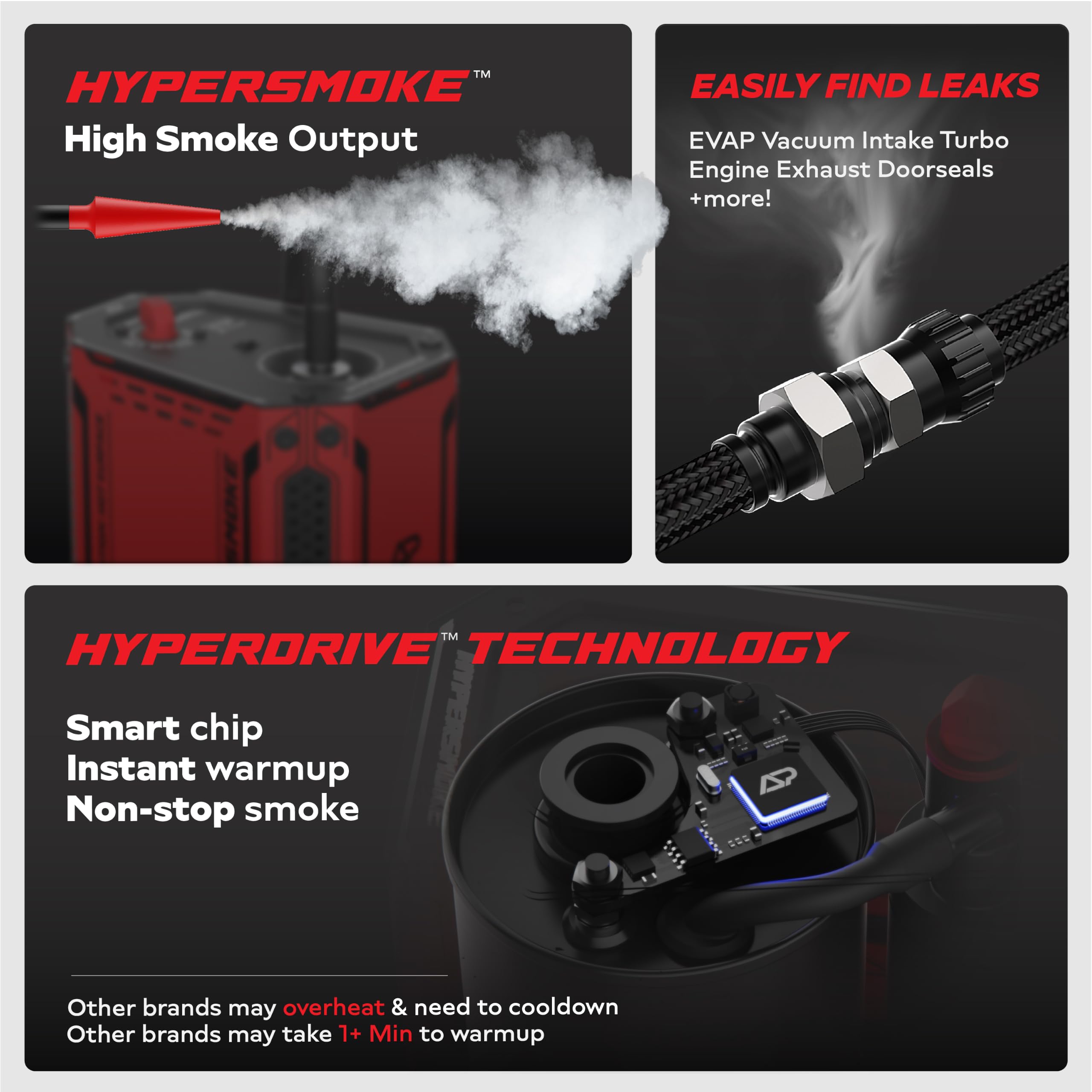AutoLine Pro thick visible smoke output close-up, reveals tiny leaks quickly