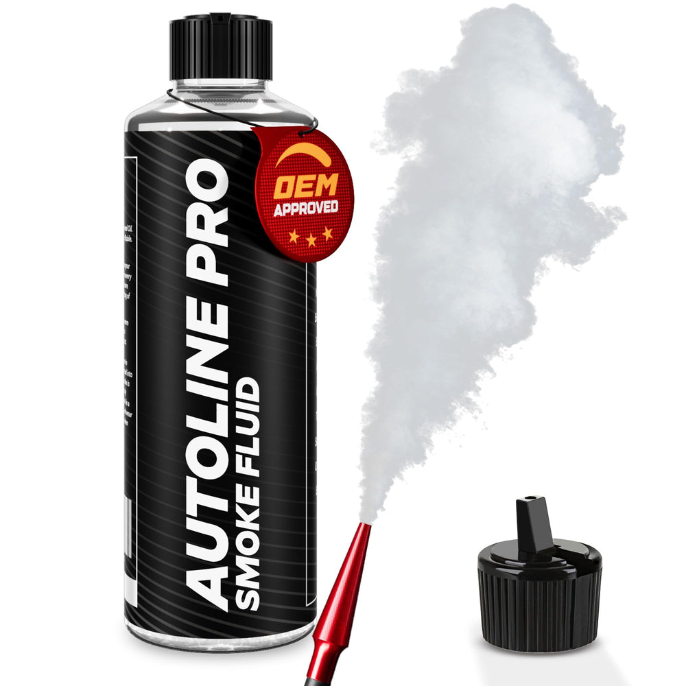 AutoLine Pro smoke fluid bottle beside reservoir showing ready-to-use supply advantage