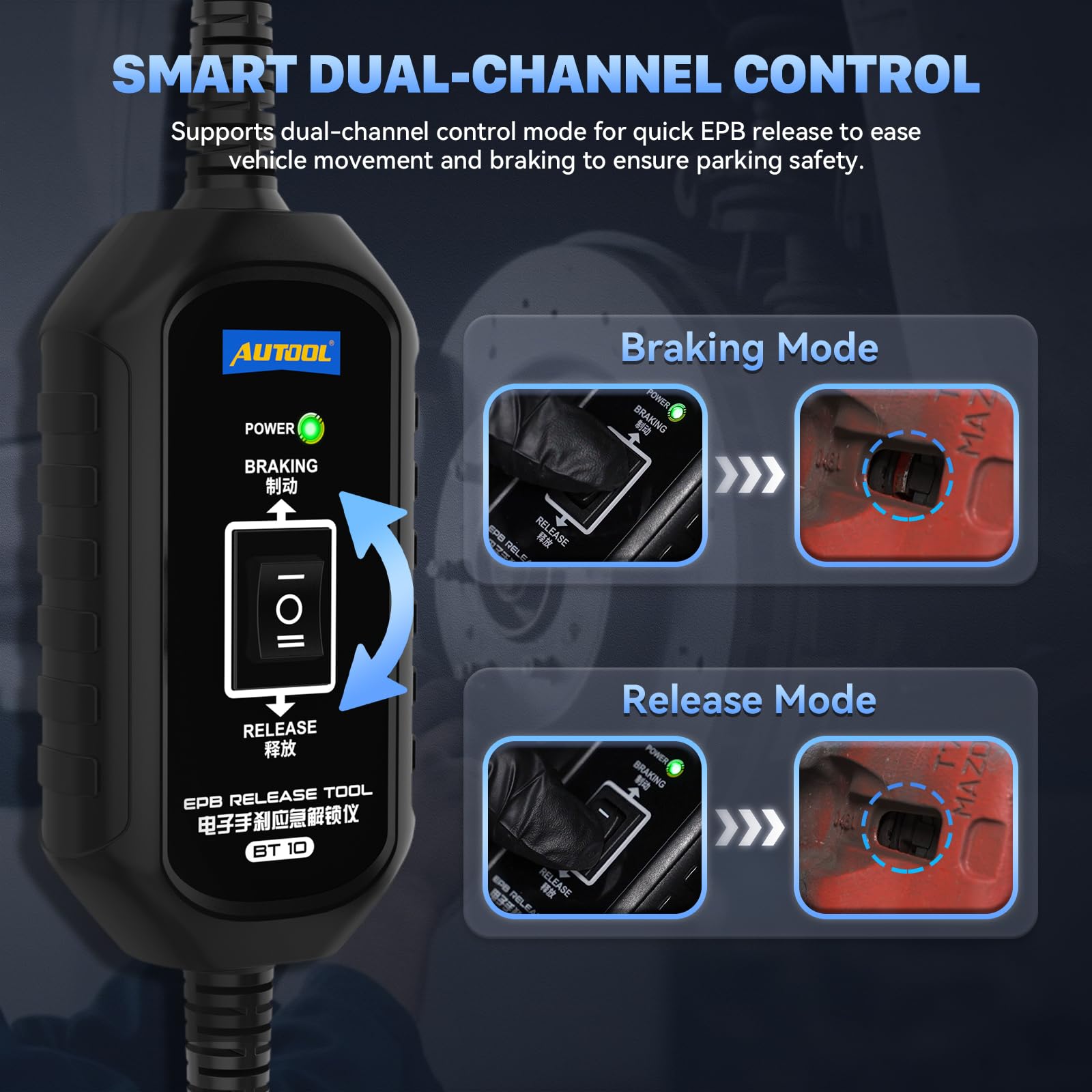 AUTOOL BT10 joystick close-up illustrating simple two-mode control and precision