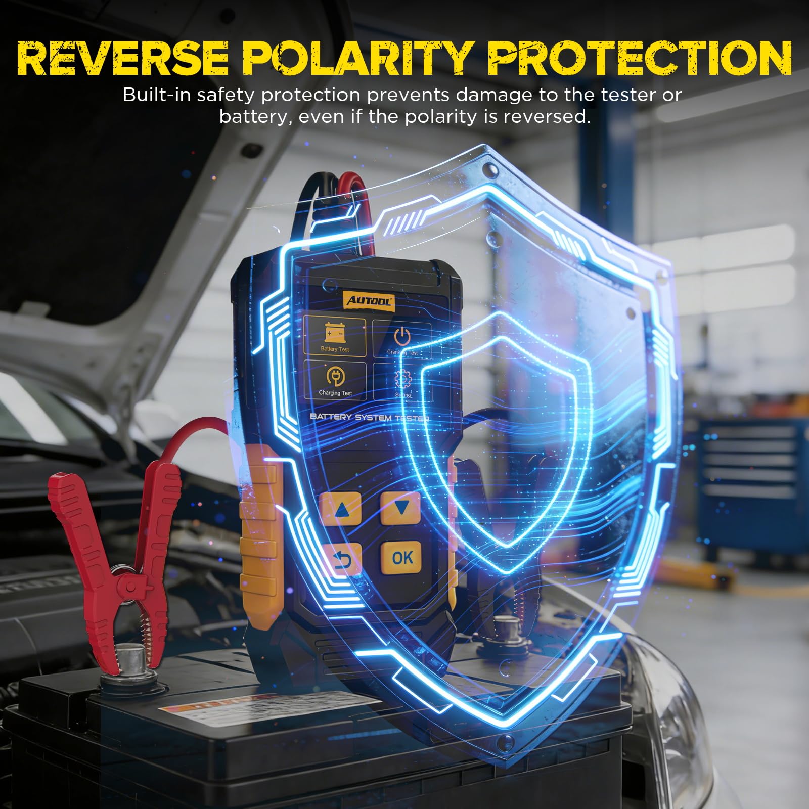 AUTOOL BT360 attached to car battery during alternator test for confidence
