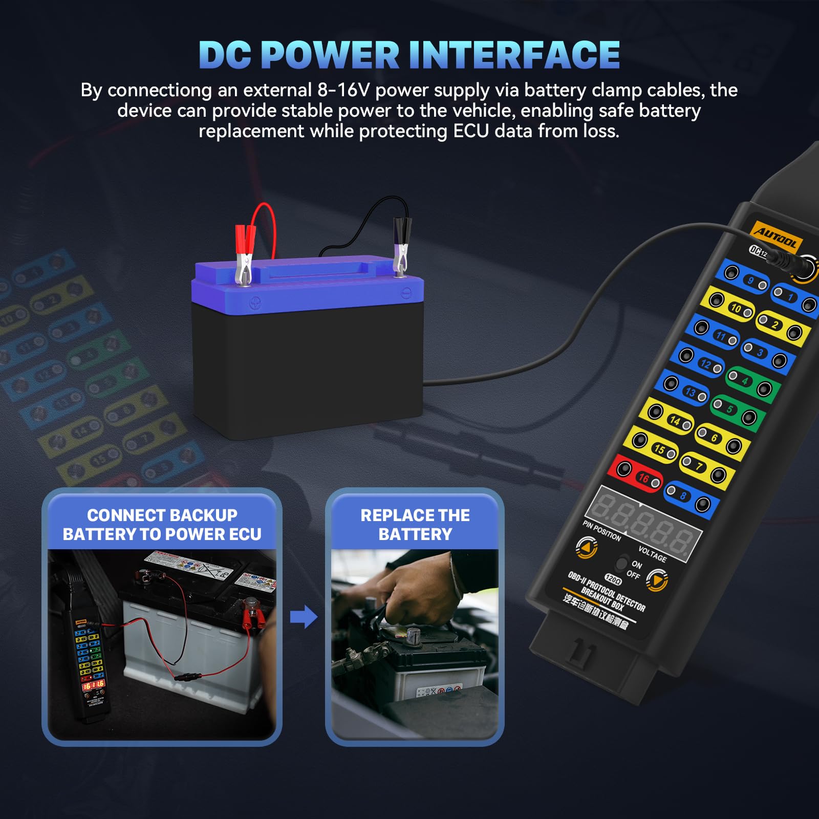 AUTOOL DC power input and connectors enabling external ECU backup power