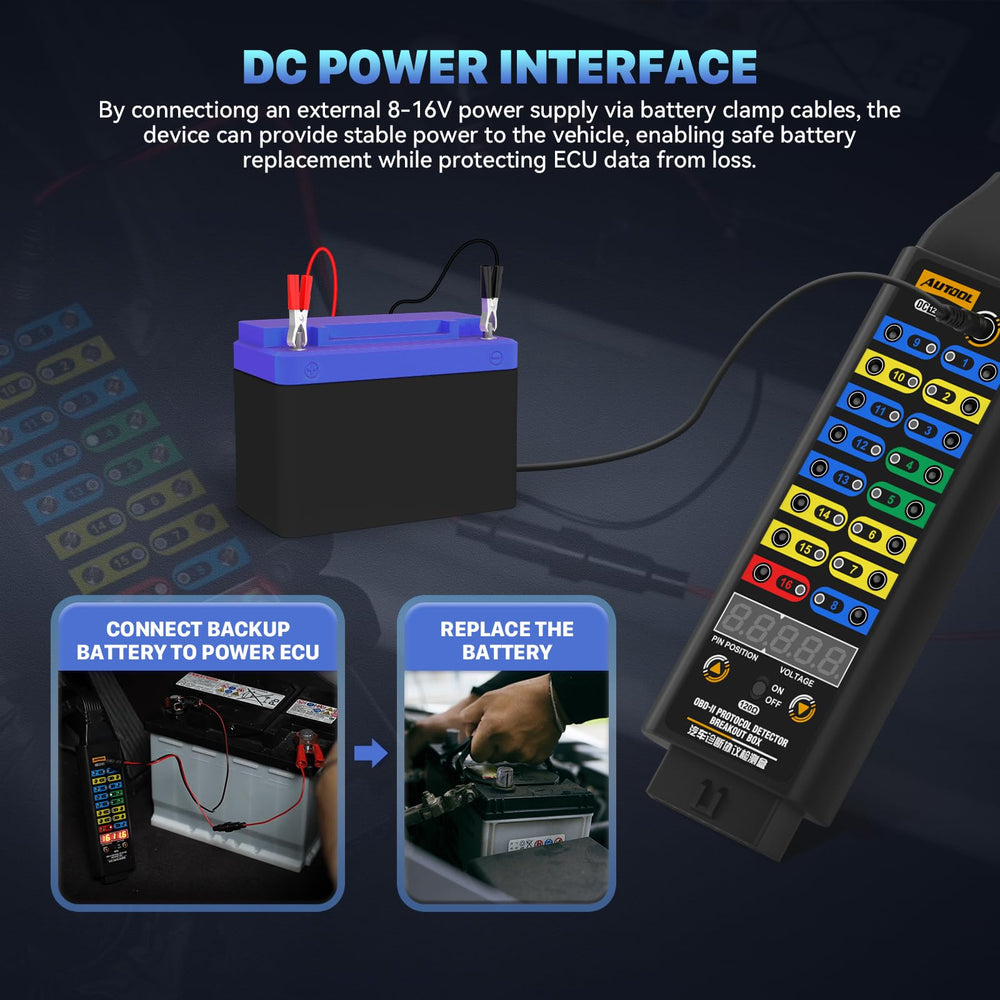 AUTOOL DC power input and connectors enabling external ECU backup power