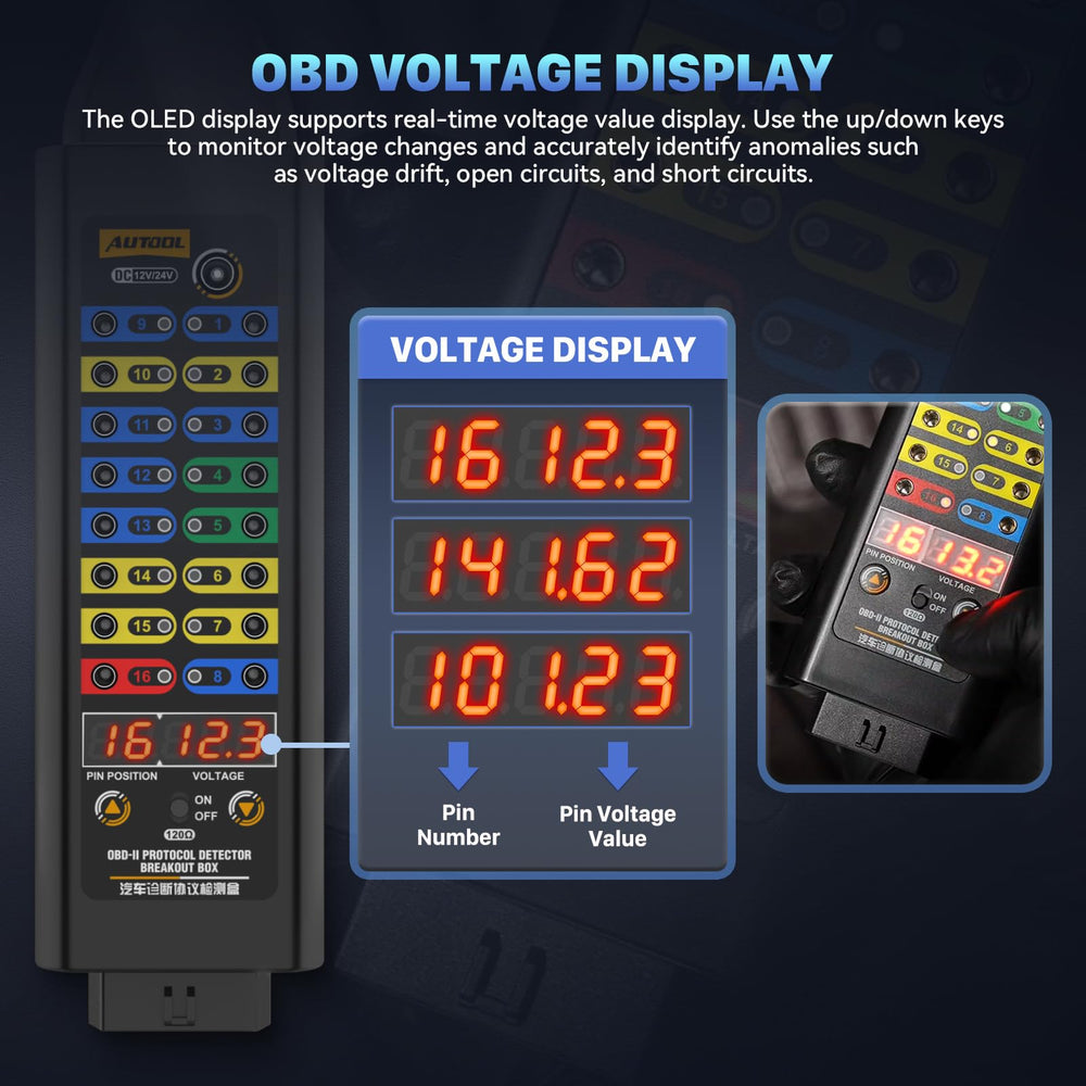 AUTOOL close-up of LED indicators highlighting power and ground status benefits