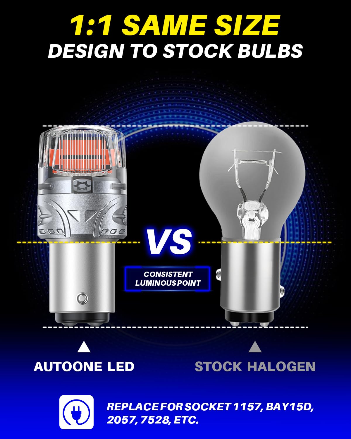 AUTOONE pack of two bulbs laid out to show included pair for brake and tail replacement