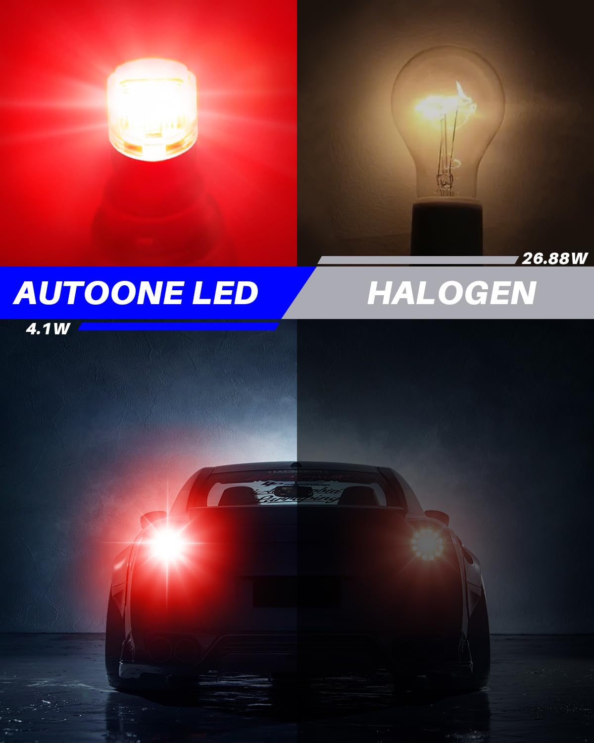AUTOONE projector lens closeup highlighting focused beam for sharper brake visibility