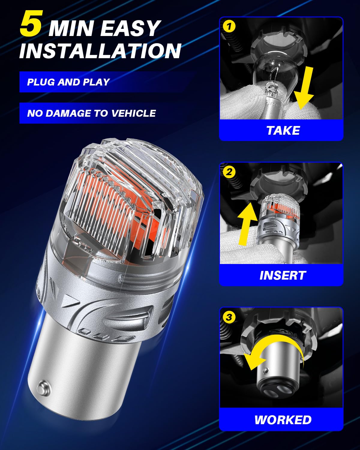 AUTOONE bulb held in hand for size comparison and easy plug‑and‑play installation benefit
