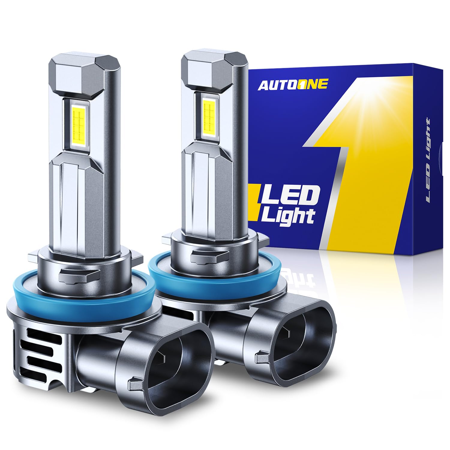 AUTOONE front view of both H11 bulbs showing compact plug-and-play design and bright upgrade