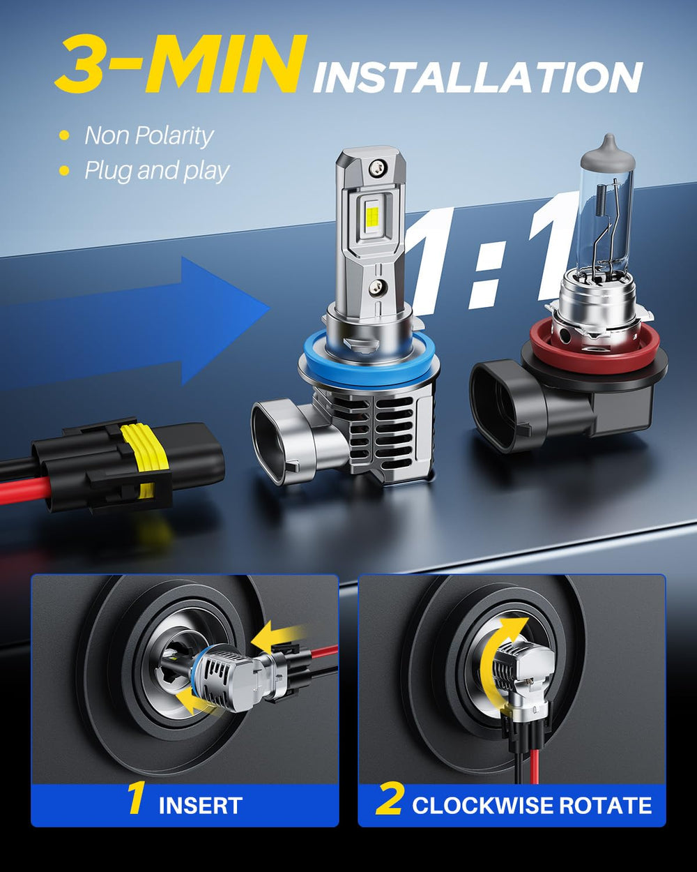 AUTOONE bulb installed in car headlight demonstrating plug-and-play convenience