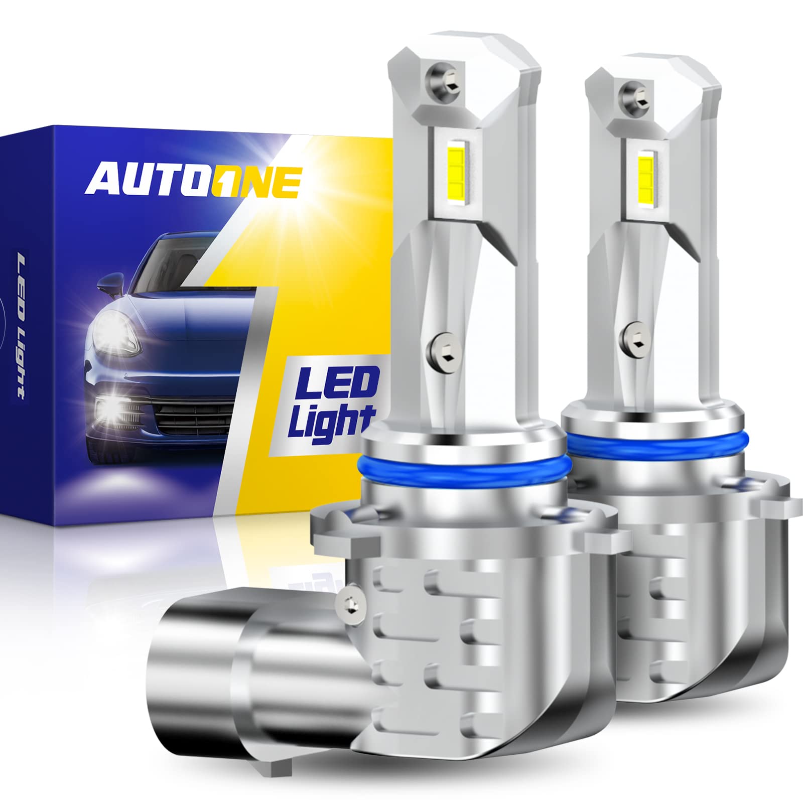 AUTOONE front view of HB4/9006 bulb showing plug-and-play fit and brighter beam