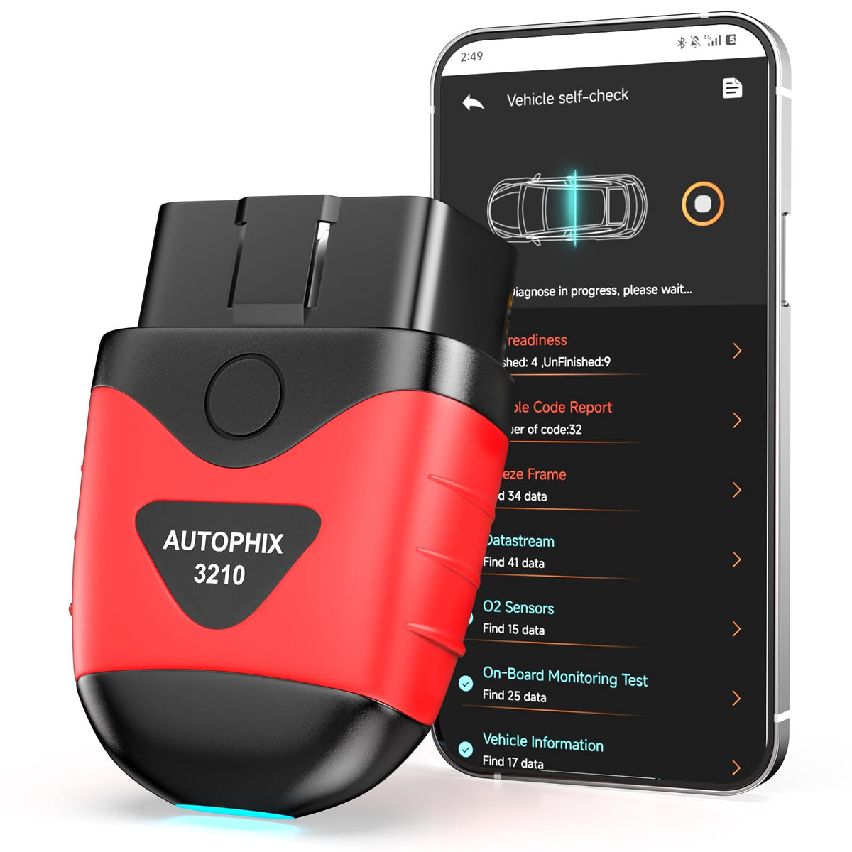 AUTOPHIX 3210 front view showing compact Bluetooth OBD2 design and easy plug-in benefit