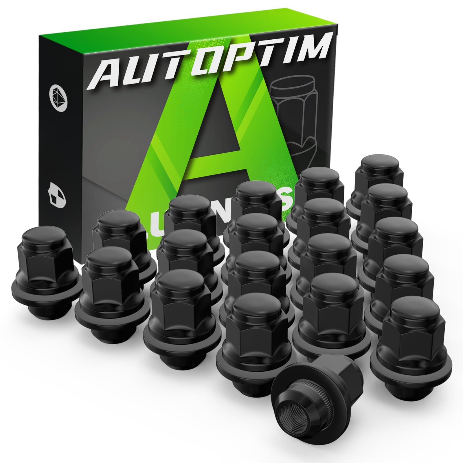 AUTOPTIM front view of 20 black lug nuts showing sleek finish and OEM look