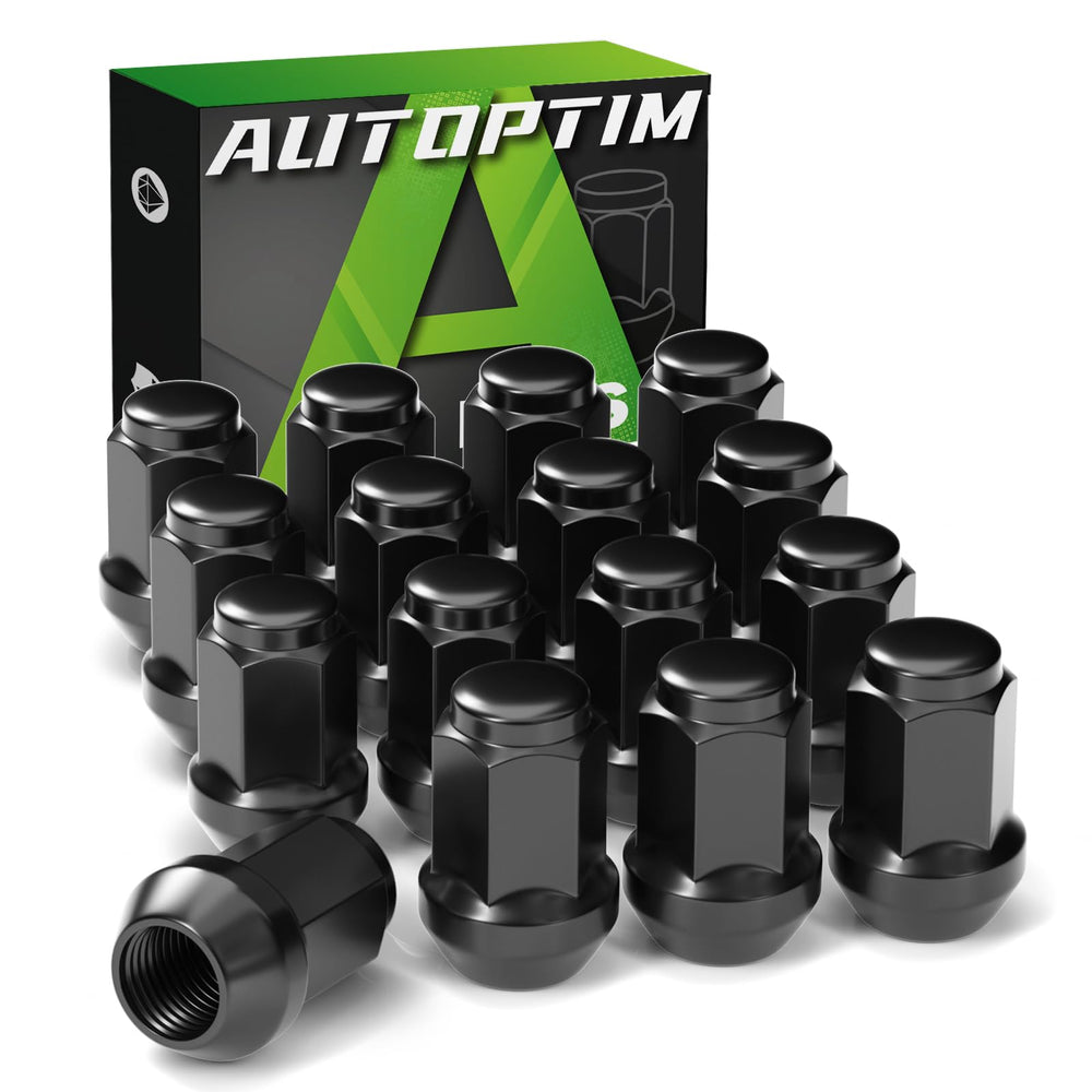 AUTOPTIM front view of 16 black closed-end lug nuts showing finish and shape, durable protection