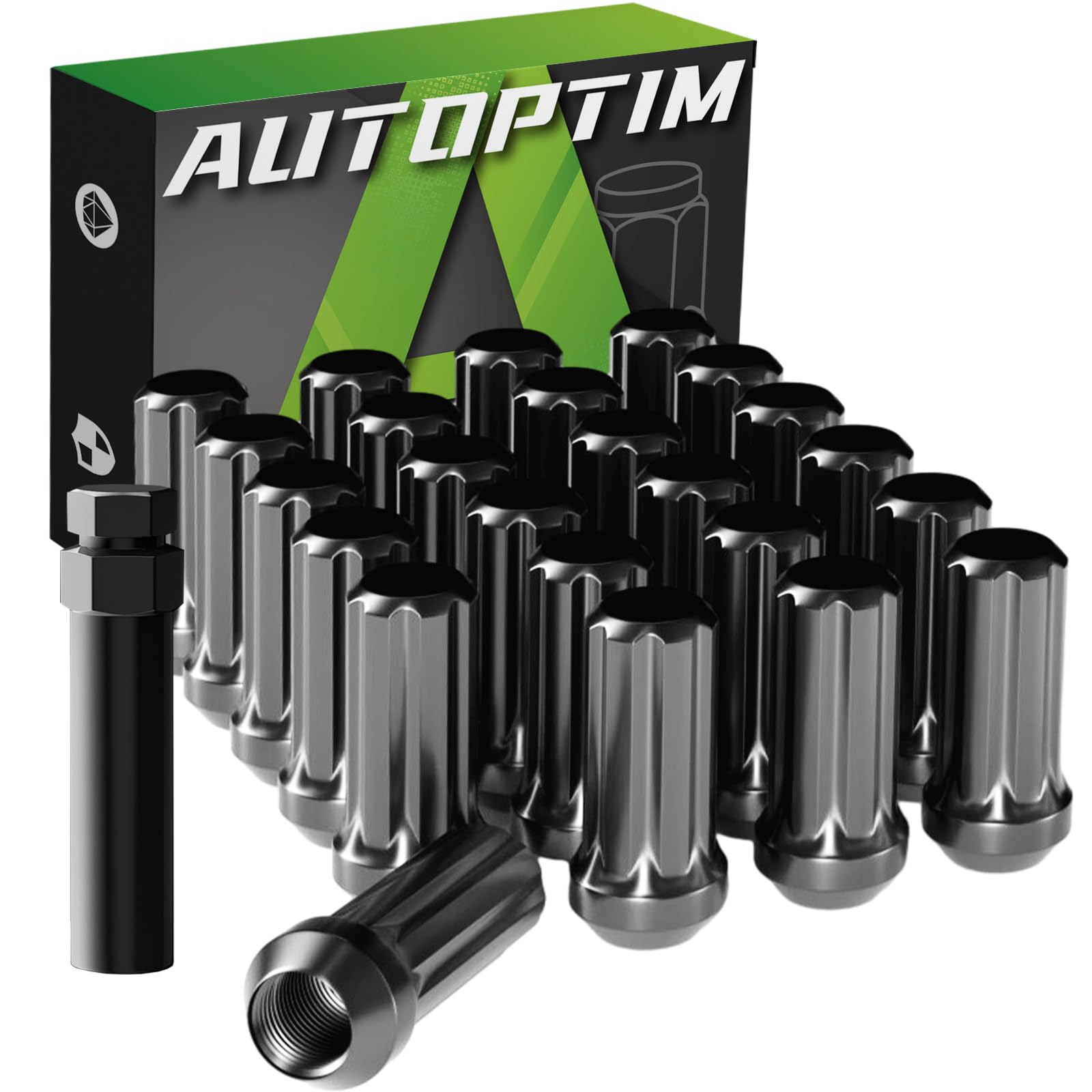AUTOPTIM front view of 24-piece black lug nuts set showing packaged layout and socket for easy installation