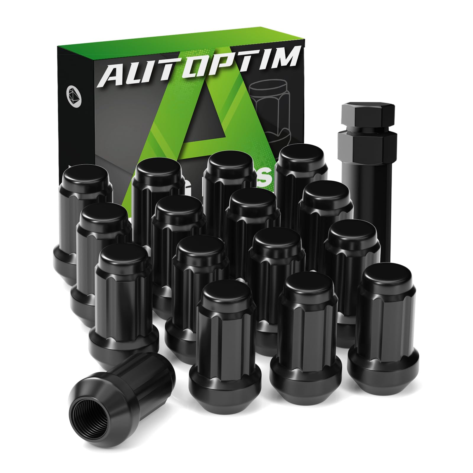 AUTOPTIM front view packaged set showing 16 black lug nuts and socket key for easy replacement