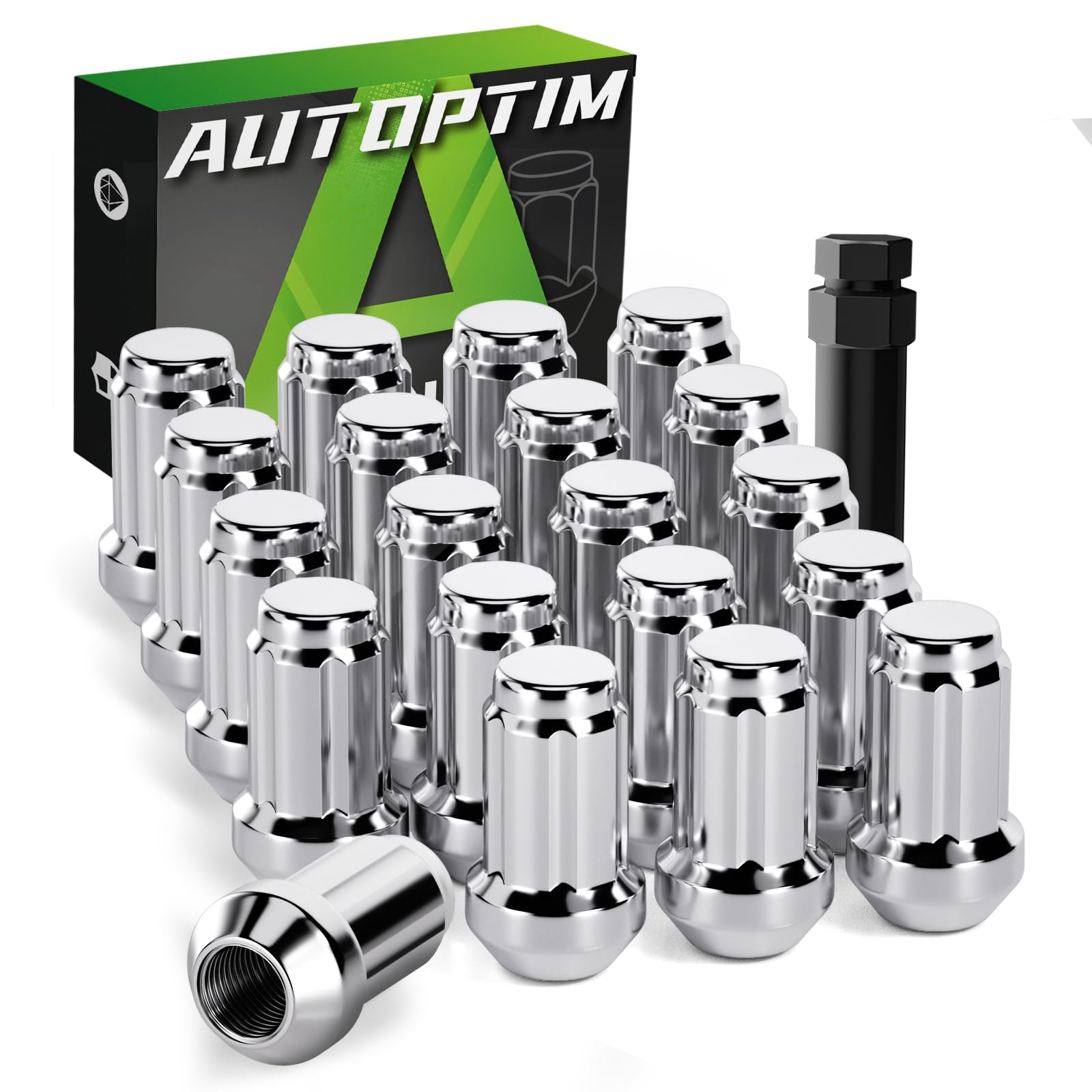 AUTOPTIM front view of 20-piece chrome lug nuts kit showing contents and socket for quick install