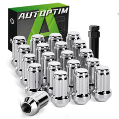AUTOPTIM front view of 20-piece chrome lug nuts kit showing contents and socket for quick install