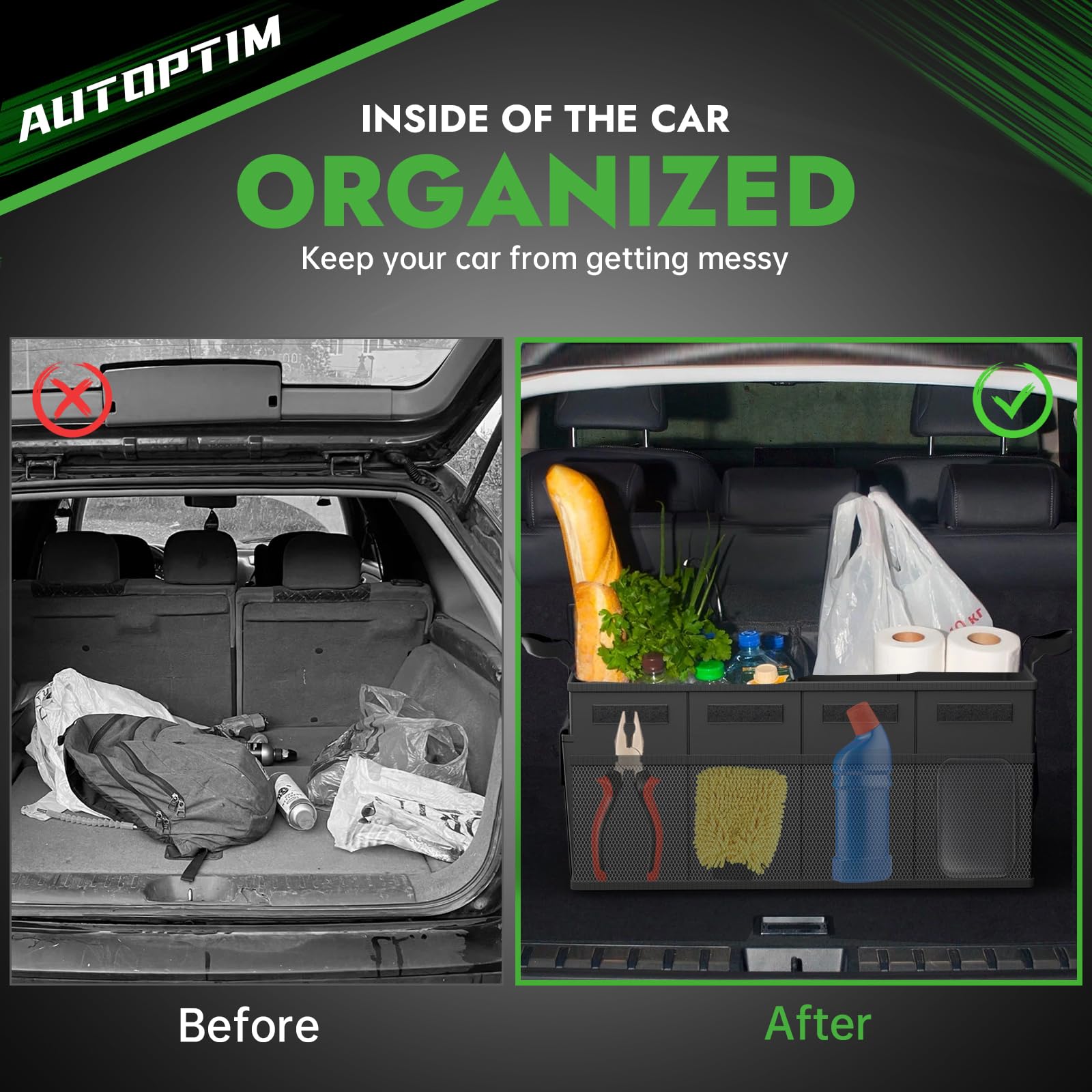 AUTOPTIM installed in car trunk showing neat cargo arrangement for stress-free travel
