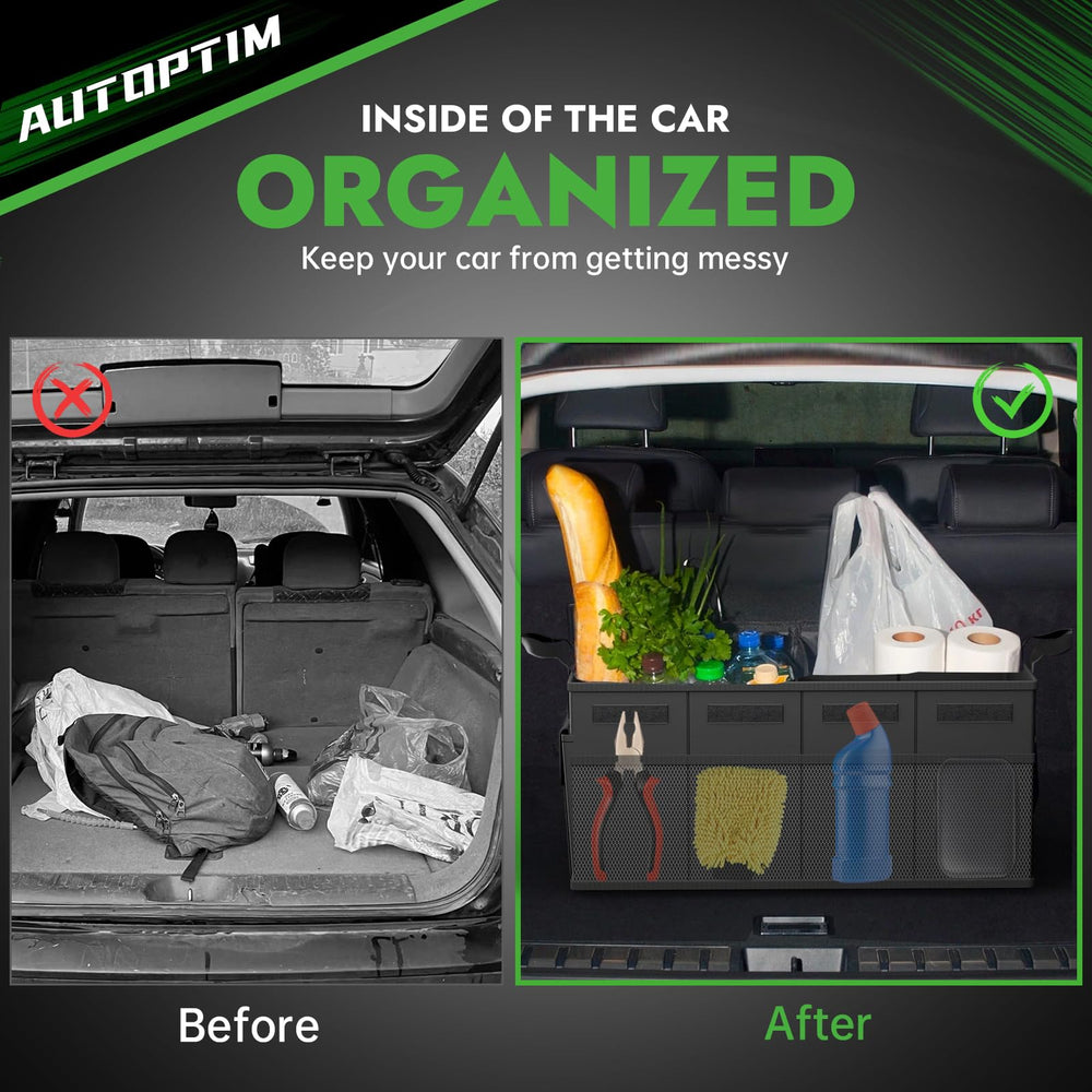 AUTOPTIM installed in car trunk showing neat cargo arrangement for stress-free travel